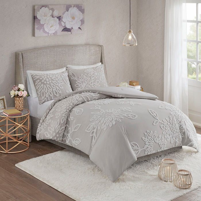Veronica - King 3 Piece Tufted Floral Comforter Set - Gray / White - Simple Home Plus