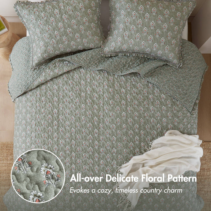 Linwood - Queen 3 Piece Ruffle Printed Quilt Set - Sage Green - Simple Home Plus