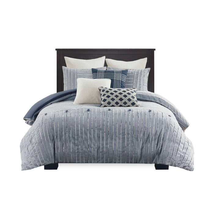 Essence - Oversized Cotton Clipped Jacquard Comforter Set With Euro Shams and Throw Pillows - Blue - Simple Home Plus