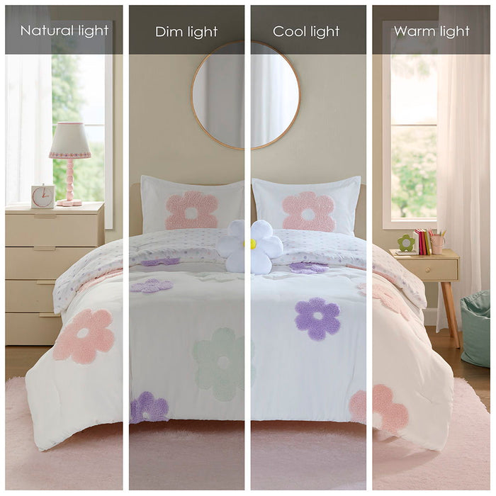 Gracie - Floral Reversible Tufted Chenille Twin Comforter Set With Flower Throw Pillow - White / Purple - Simple Home Plus