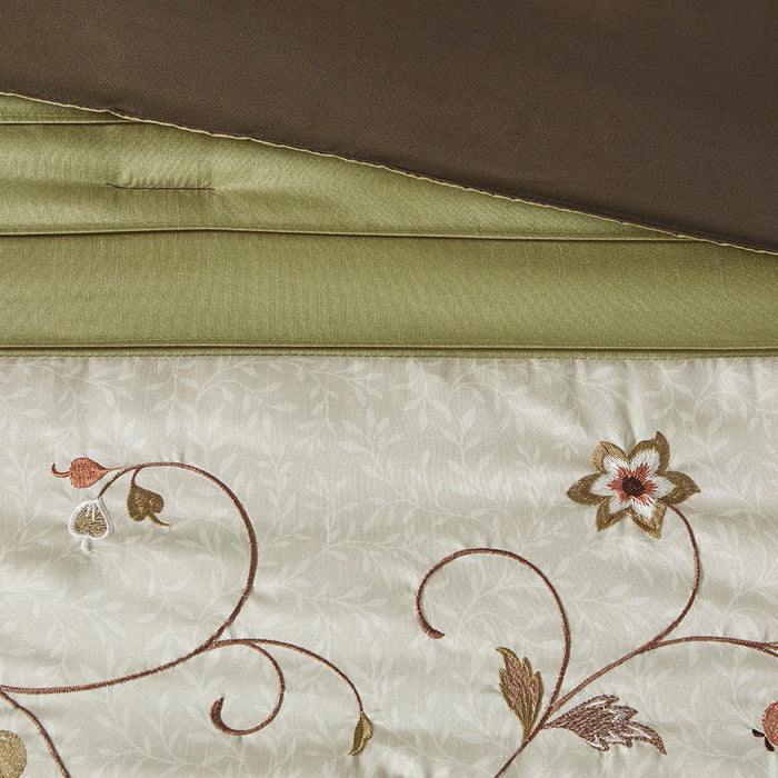 Serene - Queen Embroidered Piece Comforter (Set of 7) - Green