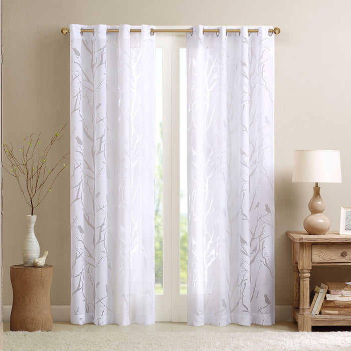Averil - 95" Grommet Top Sheer Bird On Branches Burnout Window Curtain - White - Simple Home Plus