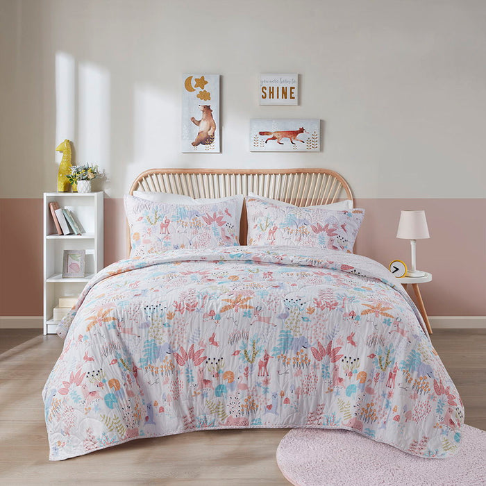 Iris - Twin Woodland Animals Reversible Cotton Quilt Set - Blush - Simple Home Plus