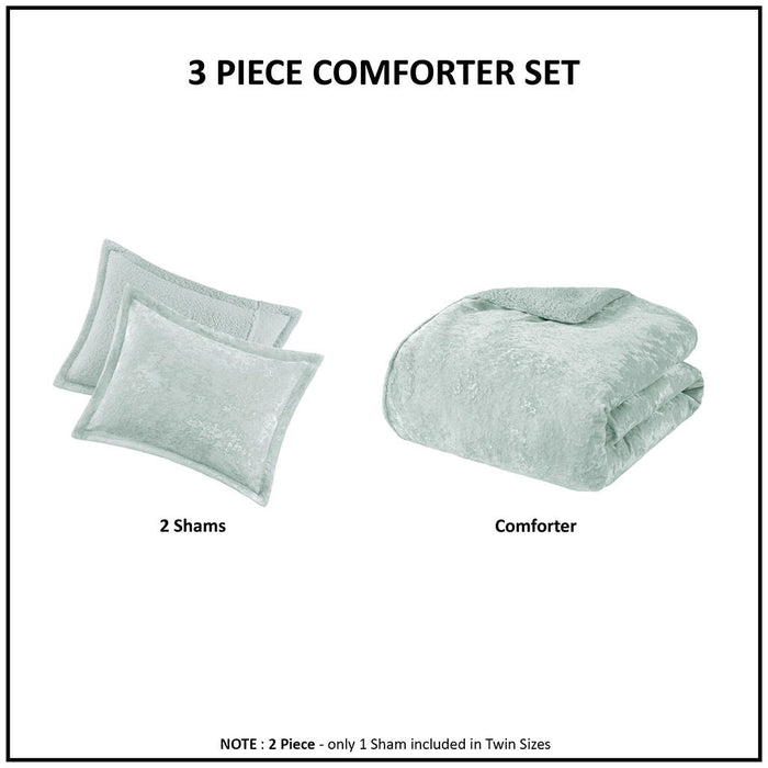 Mira - 3 Piece Full/Queen Crushed Velvet Sherpa Reversible Comforter Set - Aqua - Simple Home Plus