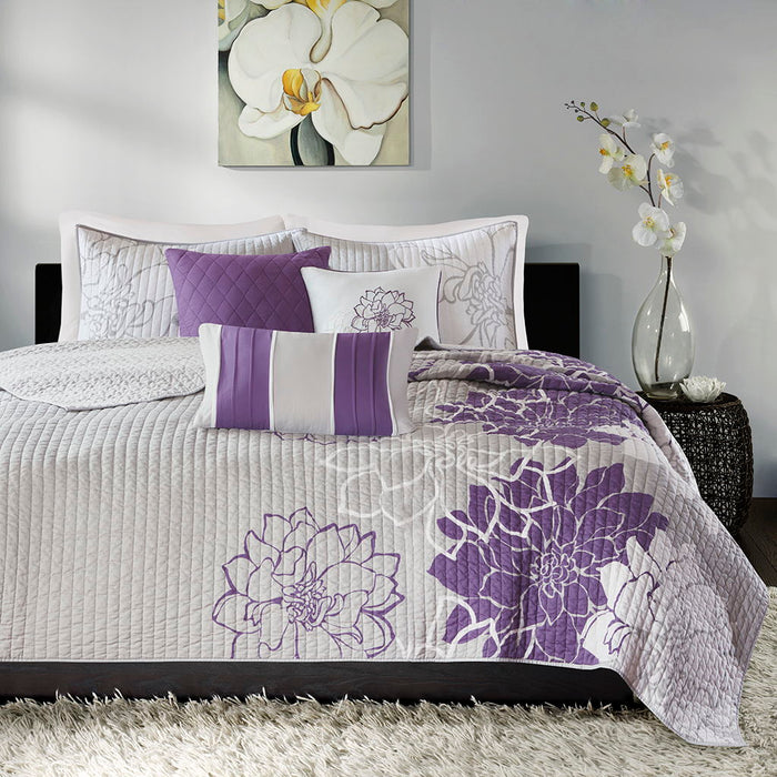 Lola - 6 Piece Reversible Printed Coverlet Set - Purple - Simple Home Plus