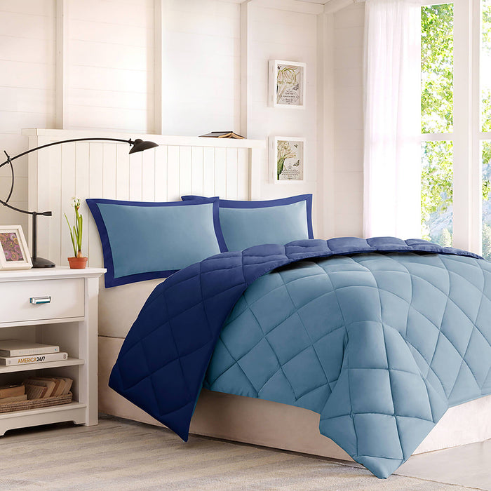 Larkspur - King 3M Scotchgard Diamond Quilting Reversible Down Alternative Comforter Set - Navy / Light Blue - Simple Home Plus