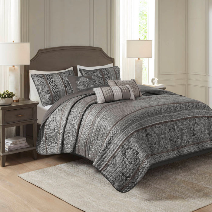 Bellagio - 6 Piece Full/Queen Quilt Set With Throw Pillows - Gray - Simple Home Plus