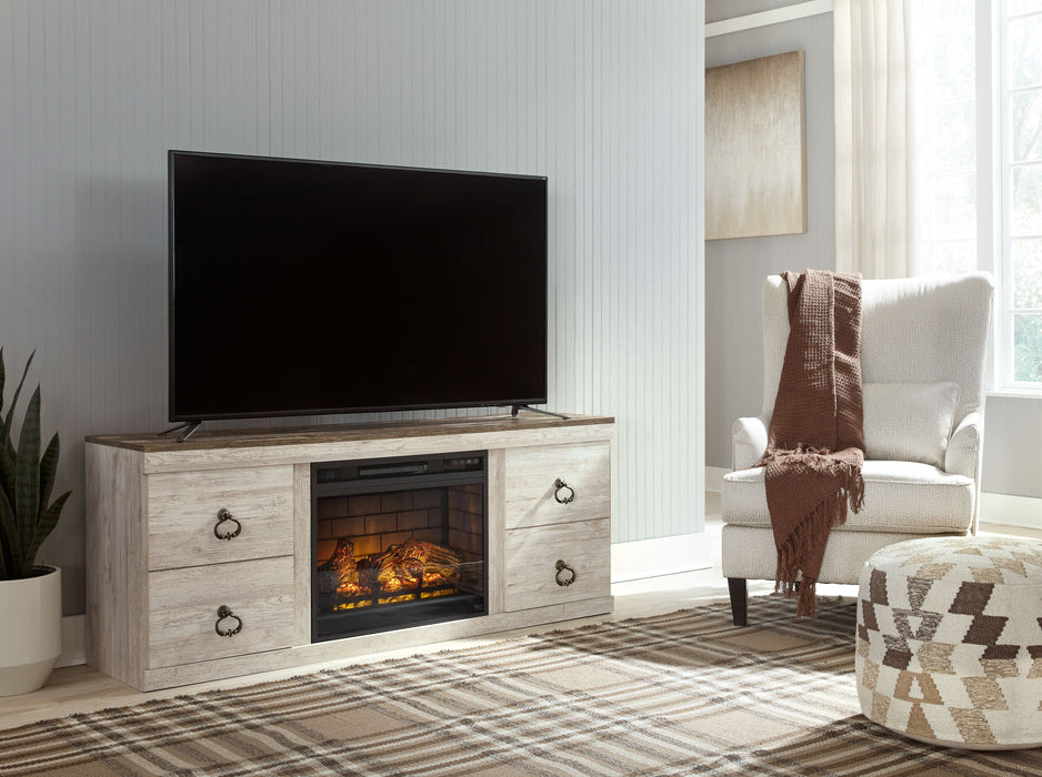 Willowton - Whitewash - 2 Pc. - TV Stand with Faux Firebrick Fireplace Insert - Simple Home Plus