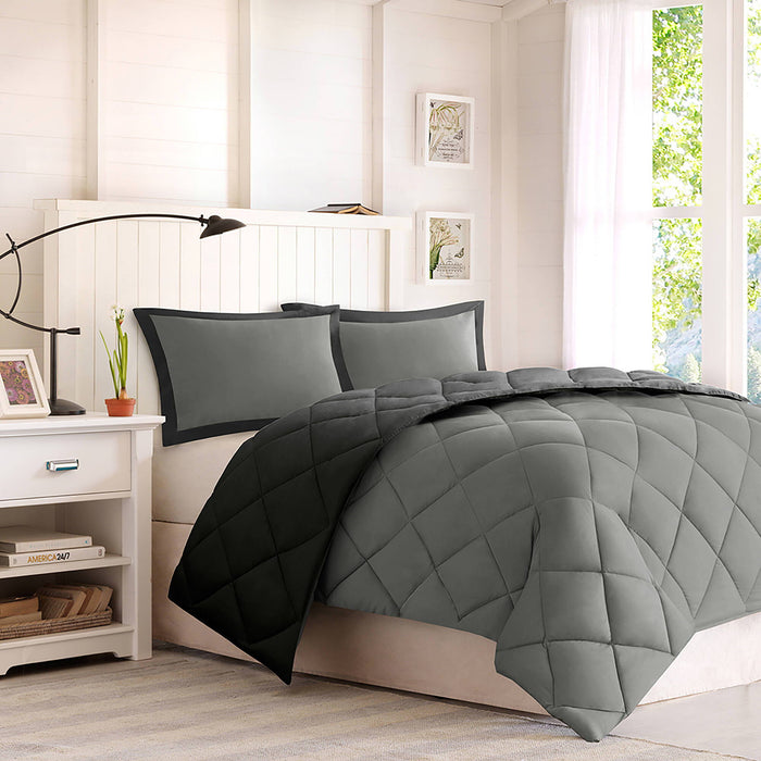 Larkspur - 3M Scotchgard Diamond Quilting Reversible Down Alternative Comforter Set - Black / Gray - Simple Home Plus