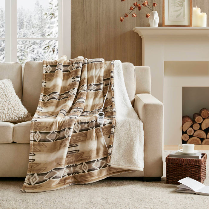 Print Plush To Sherpa - 50X60" Heated Throw - Aztec - Simple Home Plus