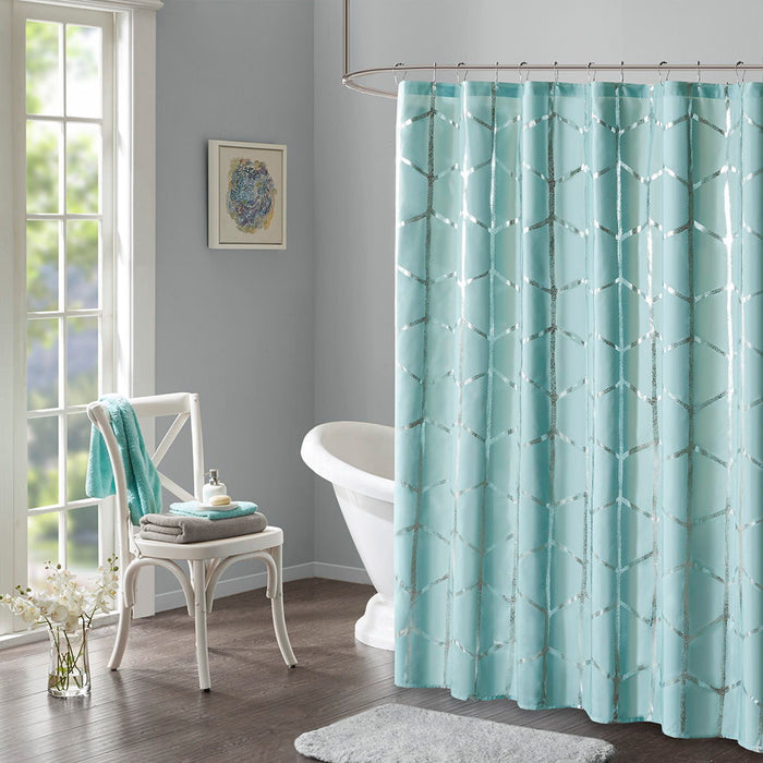 Raina - Printed Metallic Shower Curtain - Aqua / Silver - Simple Home Plus