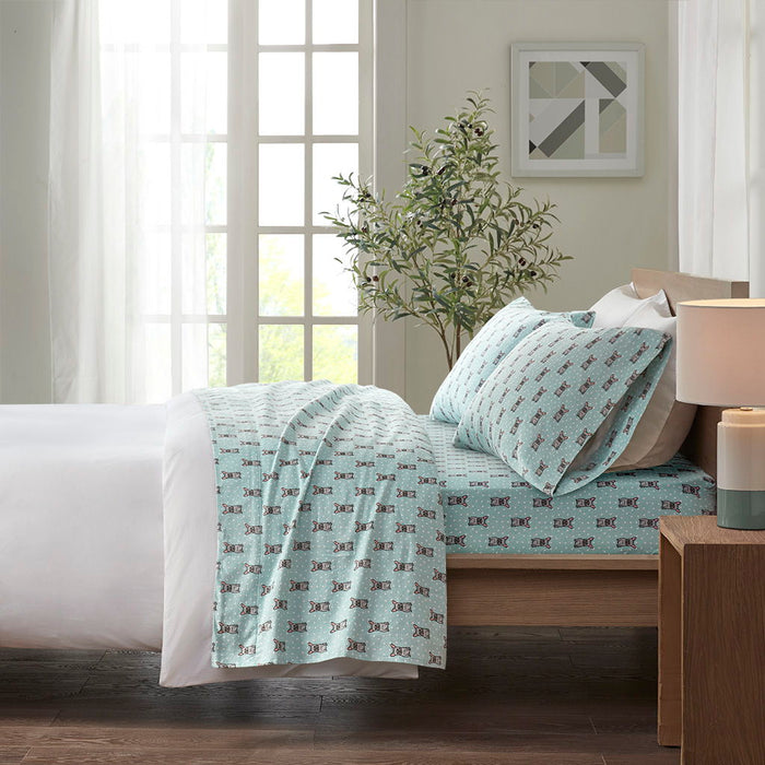 Cozy Flannel - Queen 100% Printed Sheet Set - Aqua French Bulldog