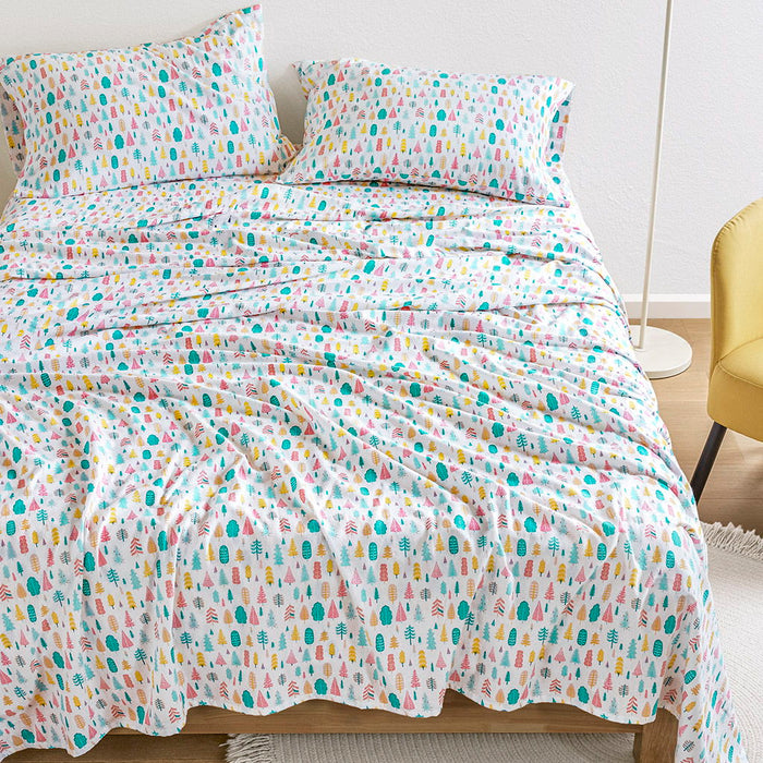 Cozy Soft - 4 Piece Queen Cotton Flannel Printed Sheet Set - White Holiday Trees
