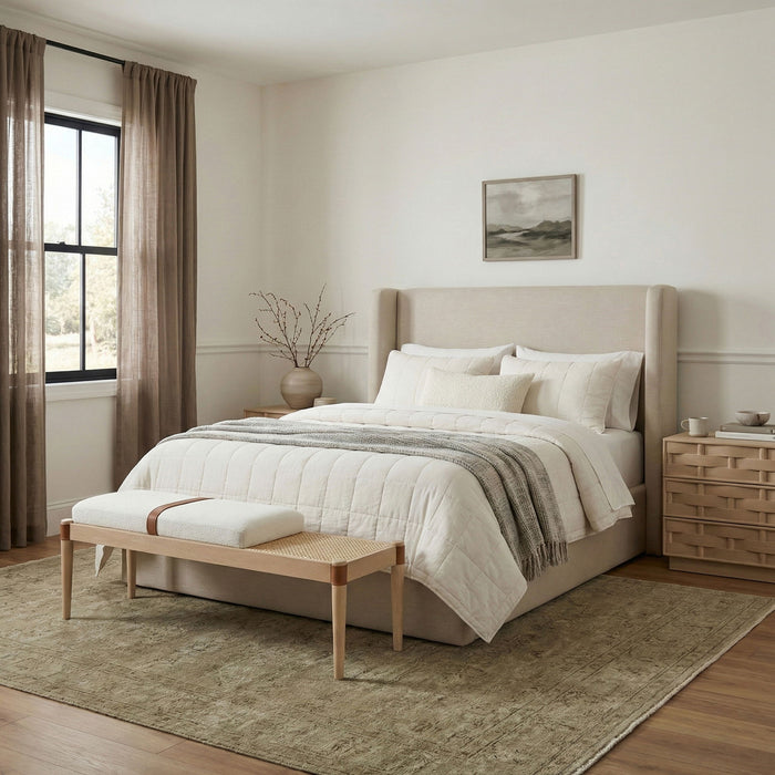Nara - Linen Textured Fabric Upholstered Bench - Painted Natural - Simple Home Plus
