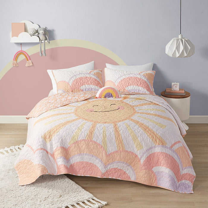 Dawn - Twin Sunshine Printed Reversible Coverlet Set - Yellow / Coral