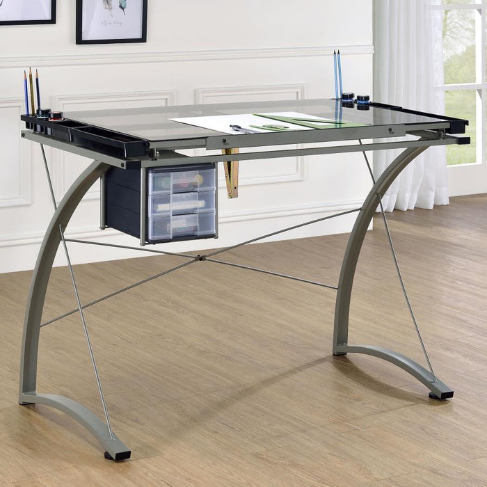 Melo - Glass Top Drafting Table With Storage - Silver - Simple Home Plus