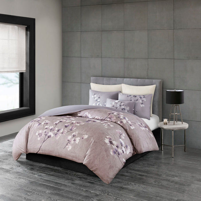 Sakura Blossom - 3 Piece Sateen Printed Duvet Cover Set - Lilac - Simple Home Plus