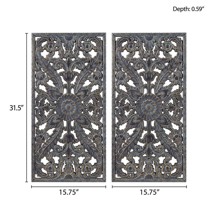 Botanical Panel - Carved Wall Decor (Set of 2) - Antique Blue - Simple Home Plus