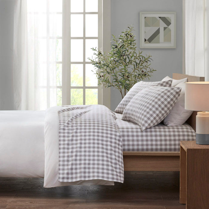 Cozy Flannel - 3 Piece Twin Long Printed Sheet Set - Gray Herringbone Check