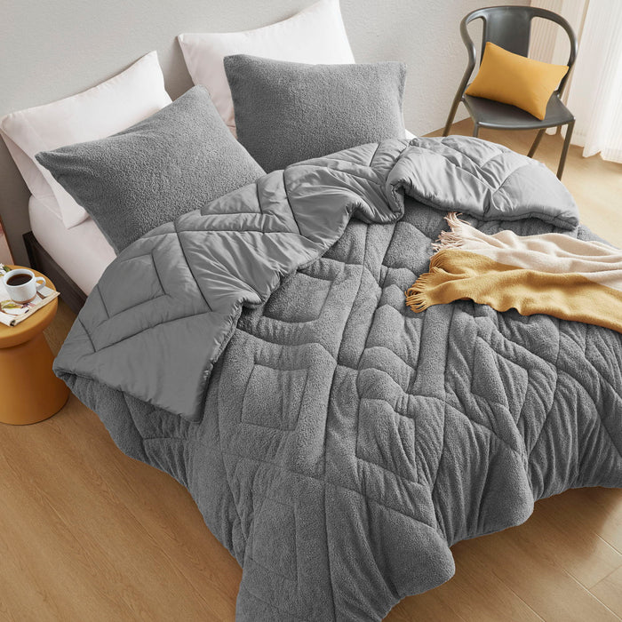 Kyla - Twin/Twin Long Double Diamond Quilted Teddy Comforter Set - Gray - Simple Home Plus