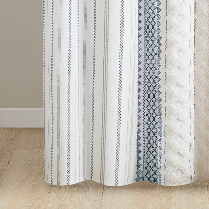 Imani - Cotton Printed Shower Curtain With Chenille - White / Navy - Simple Home Plus