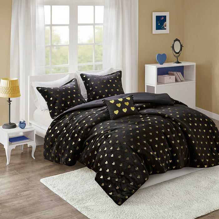 Rosalie - 4 Piece Full/Queen Metallic Printed Plush Comforter Set With Throw Pillow - Black/Gold - Simple Home Plus