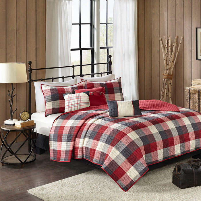 Ridge - 6 Piece Reversible Herringbone Coverlet Set - Red - Simple Home Plus