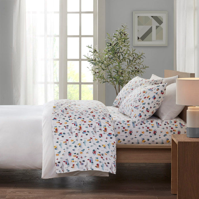 Cozy Flannel - 4 Piece Queen Printed Sheet Set - White Village Print - Simple Home Plus