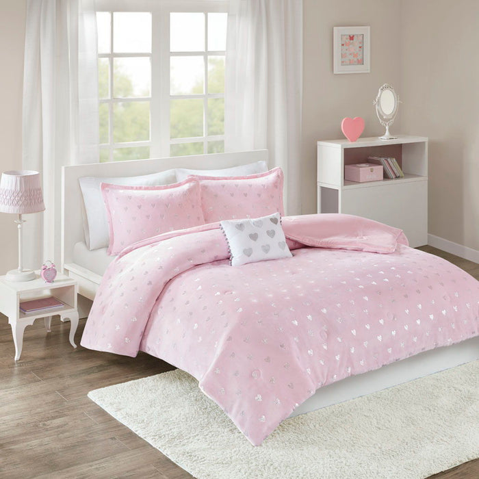 Rosalie - Metallic Printed Comforter Set - Pink / Silver - Simple Home Plus