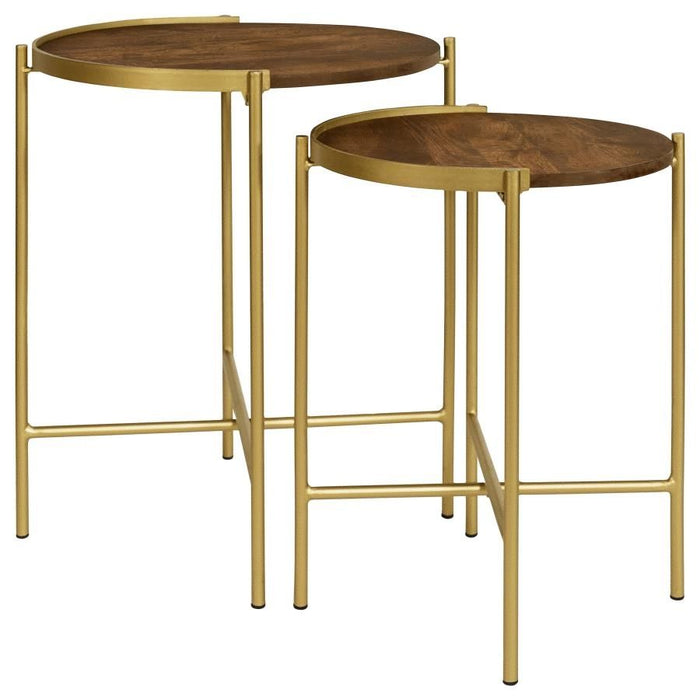 Malka - 2 Piece Round Wood Nesting Table - Dark Brown And Gold - Simple Home Plus