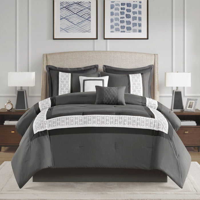 Powell - 8 Piece King Embroidered Comforter Set - Dark Gray - Simple Home Plus