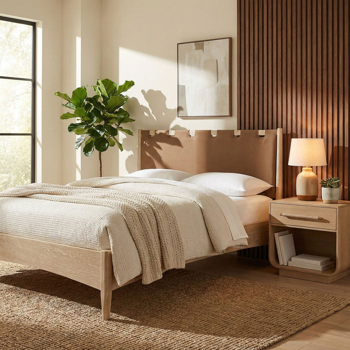 Santos - Vegan Leather Headboard And Wood Bed - Waxed Natural Frame - Simple Home Plus