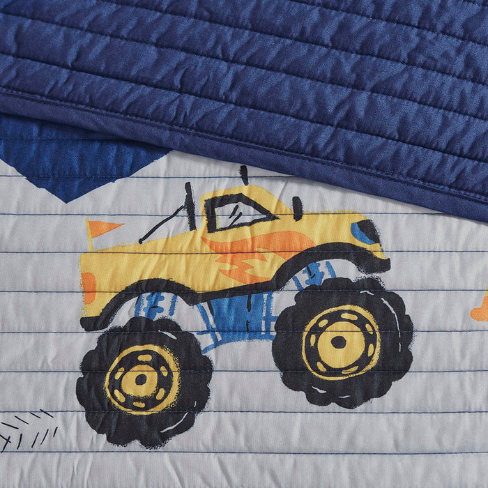 Nash - Twin Monster Truck Reversible Coverlet Set - Blue