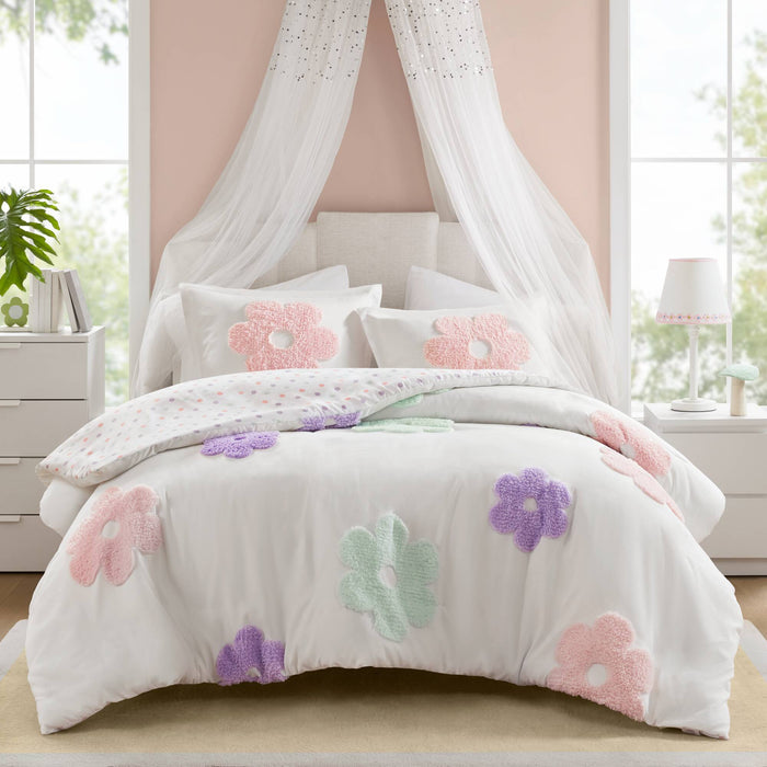 Gracie - Floral Reversible Tufted Chenille Duvet Cover Set - White / Purple - Simple Home Plus