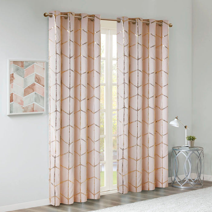 Raina - 84" Total Blackout Metallic Print Grommet Top Curtain Panel - Blush / Gold - Simple Home Plus