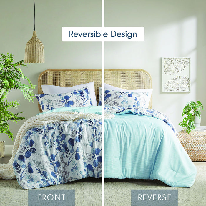 Gabby - Twin/Twin Long Reversible Floral Botanical Seersucker Comforter Set - Navy/Blue - Simple Home Plus