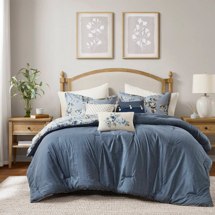 Salara - 7 Piece King Vintage Floral Comforter Set - Blue - Simple Home Plus