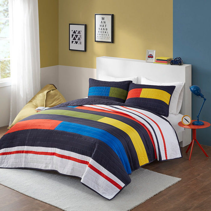 Morris - Full Stripe Printed Quilt Set - Multi - Simple Home Plus