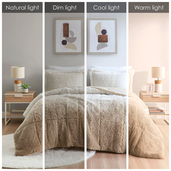 Brielle - Ombre Shaggy Long Fur Twin Comforter Mini Set - Natural - Simple Home Plus