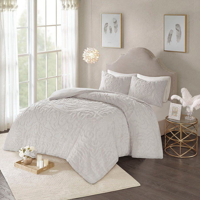 Laetitia - King 3 Piece Tufted Medallion Duvet Cover Set - Gray - Simple Home Plus