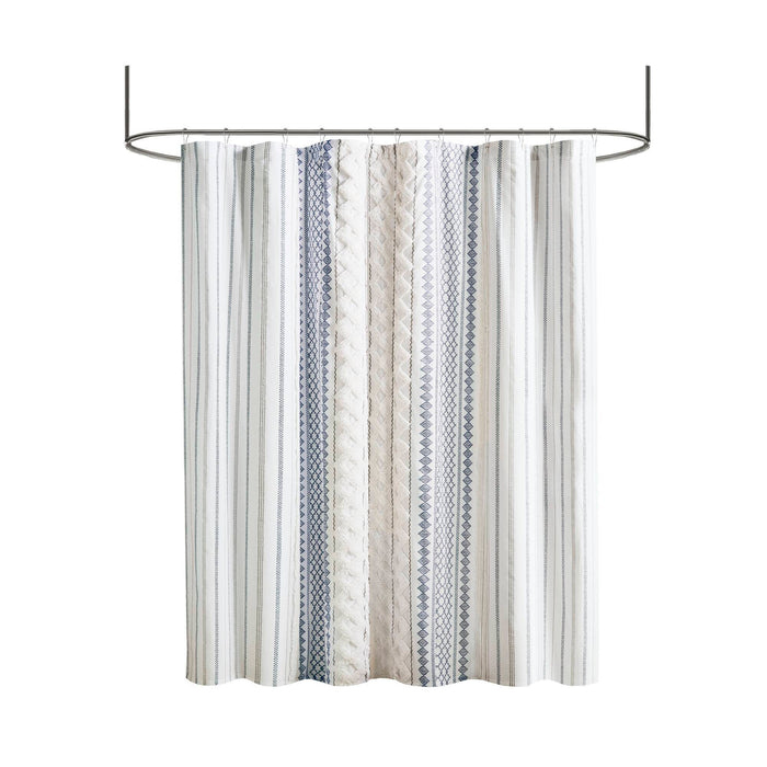 Imani - Printed Shower Curtain With Chenille - White/Navy