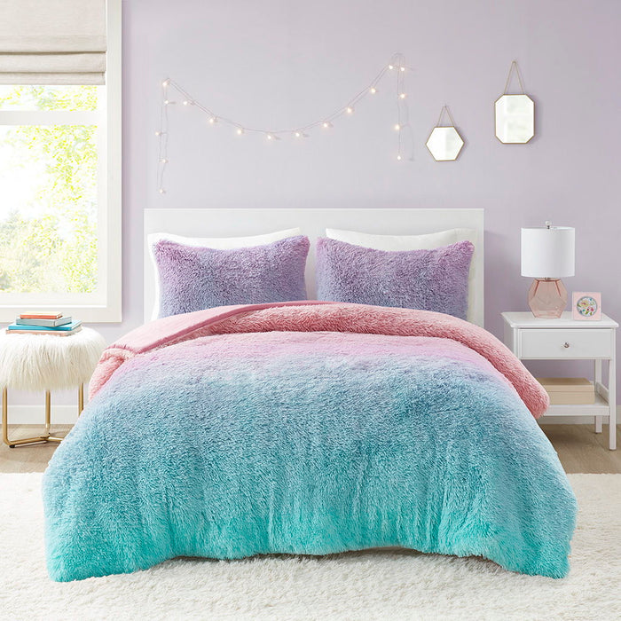 Primrose - Ombre Shaggy Faux Fur Twin Comforter Set - Purple Multi