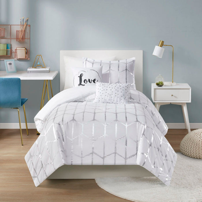 Raina - Twin Metallic Printed Comforter Set - White / Silver