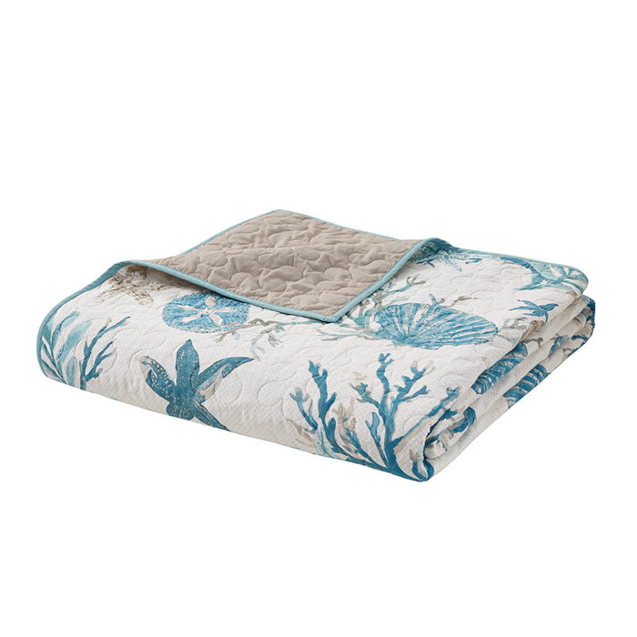 Pebble Beach - 6 Piece Cotton Sateen Quilt Set With Throw Pillows - Aqua - Simple Home Plus