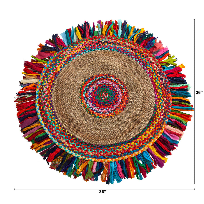 3' x 3' Handmade Woven Chindi Jute Rug with Colorful Fringe