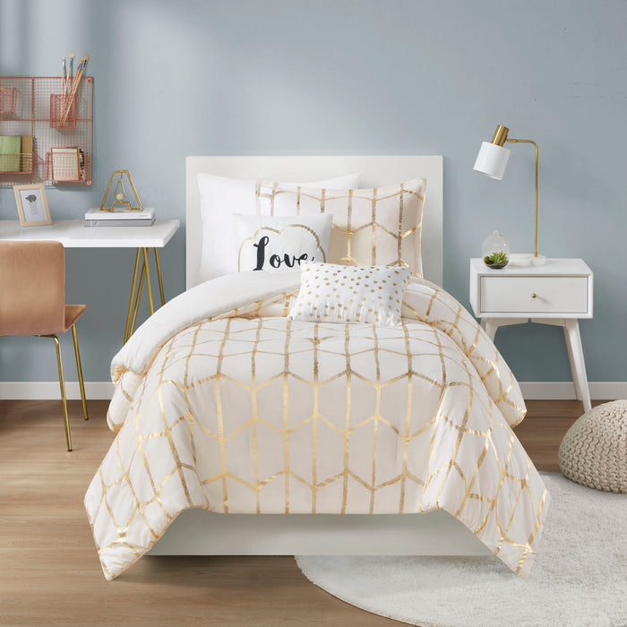 Raina - Brushed Microfiber Printed Comforter Set - Ivory / Gold - Simple Home Plus