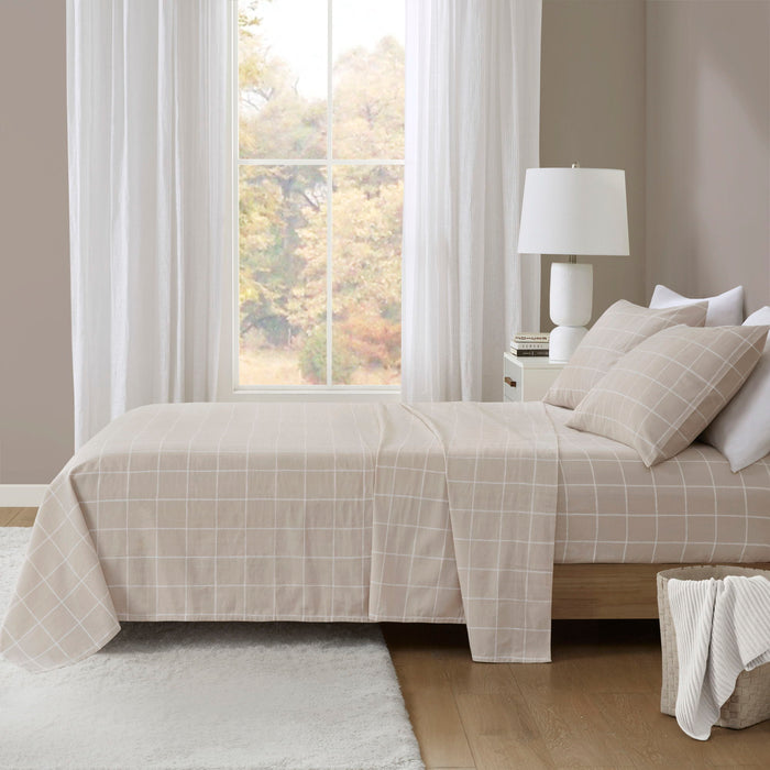 Cozy Cotton Flannel - King Printed Sheet Set - Beige Windowpane
