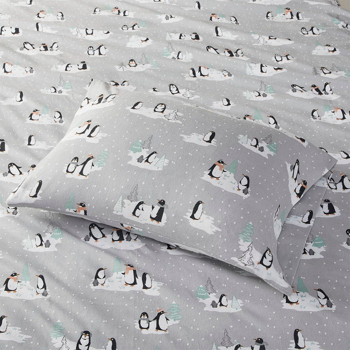 Cozy Flannel - Queen 100% Printed Sheet Set - Gray Penguins
