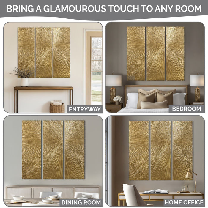 Sunburst - 100% Hand Painted Dimensional Wall Décor (Set of 3) - Gold - Simple Home Plus