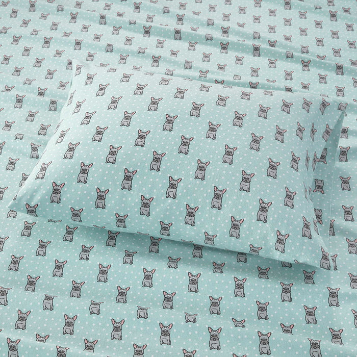 Cozy Flannel - Twin Printed Sheet Set - Aqua French Bulldog